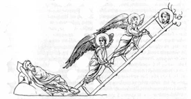 Jakub widzi we śnie drabinę z aniołami; miniatura z Hortus Deliciarum Herrady z Landsbergu, XII w.