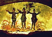 Fresk w katakumbach św. Pryscylli: Trzej młodzieńcy w piecu ognistym (Dn 3,52-90)