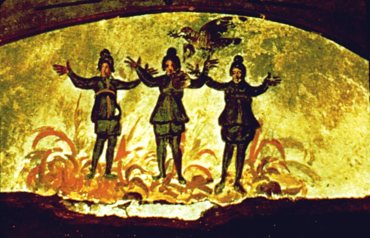 Fresk w katakumbach św. Pryscylli: Trzej młodzieńcy w piecu ognistym (Dn 3,52-90)