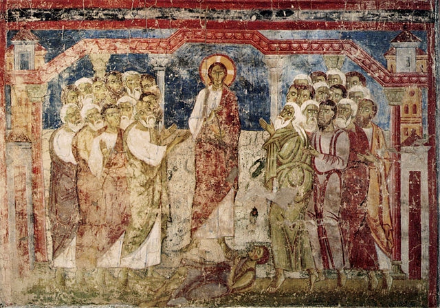 Jezus wyrzuca demona w synagodze w Kafarnaum (rzymski fresk)